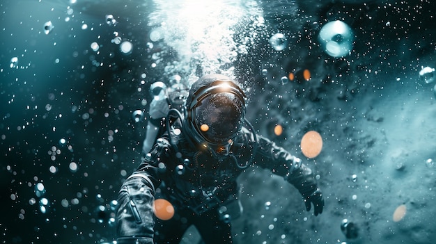 Bezpłatne zdjęcie kosmonauta nurkujący w oceanie