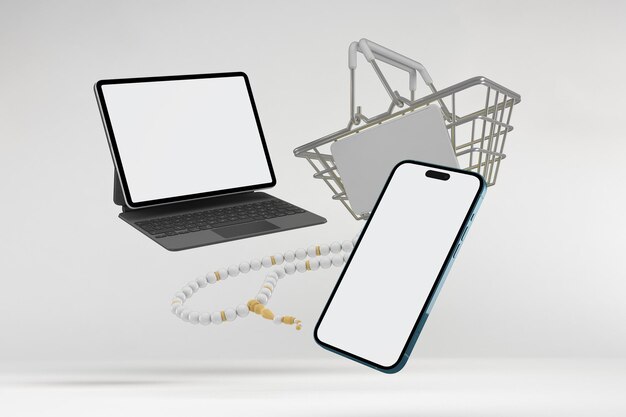 Koszyk na zakupy Eid i telefon z laptopa Perspektywy strony w białym tle