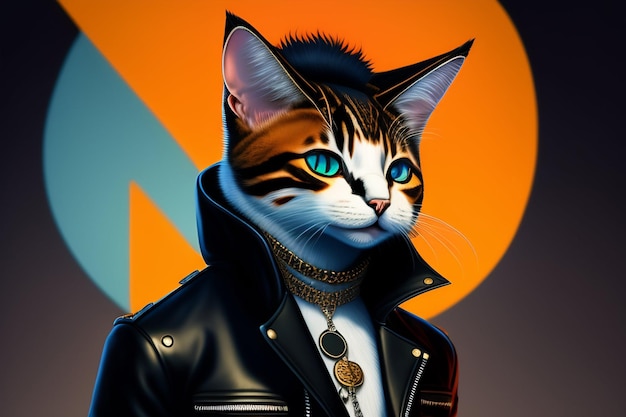 Bezpłatne zdjęcie kot w skórzanej kurtce z niebieskimi oczami stoi na pomarańczowym tle.