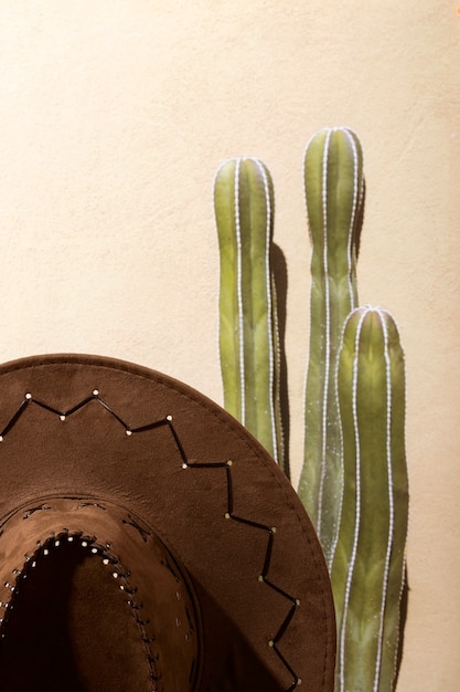 Bezpłatne zdjęcie kowbojska inspiracja z kaktusem i kapeluszem