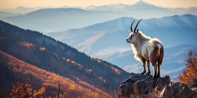 Bezpłatne zdjęcie koza górska ogląda dolinę z wysokiego grzbietu, a poniżej gobelin jesiennych odcieni.