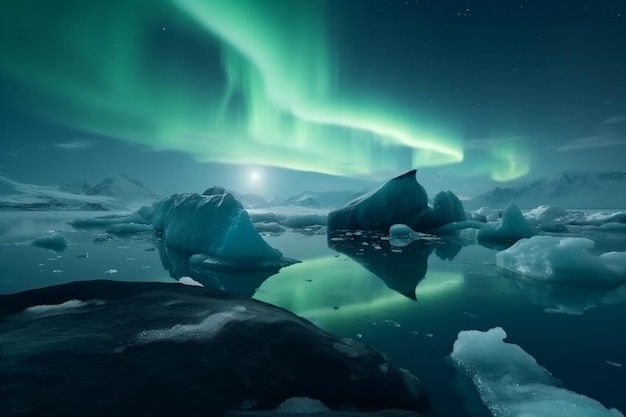 Bezpłatne zdjęcie kraina lodu z górami lodowymi i zieloną zorzą polarną na niebie generatywnym ai