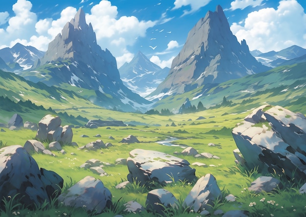 Bezpłatne zdjęcie krajobraz gór w stylu anime