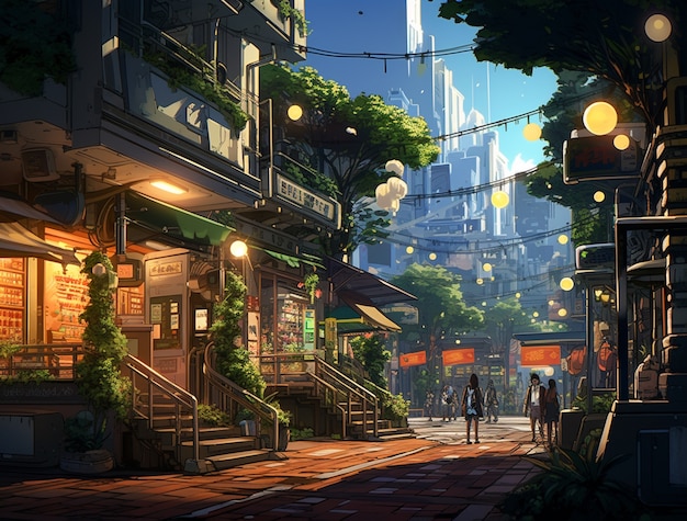 Bezpłatne zdjęcie krajobraz miejski inspirowany anime
