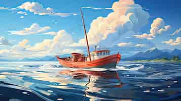 Bezpłatne zdjęcie krajobraz morski w stylu kreskówki z łodzią