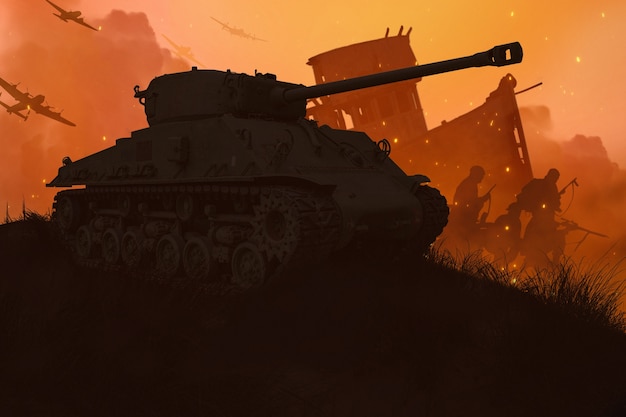 Krajobraz wojny i konfliktu z niskim kątem czołgu