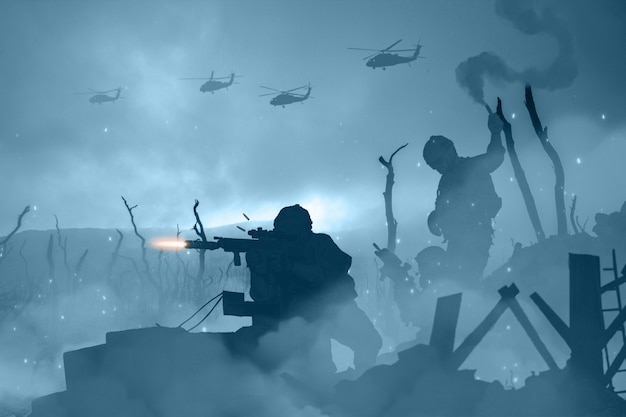 Krajobraz wojny i konfliktu z walczącymi żołnierzami