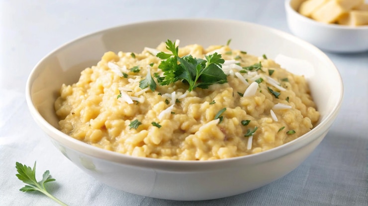 Bezpłatny plik Zdjęcie kremowate risotto ozdobione pietruszką i serem parmesanowym