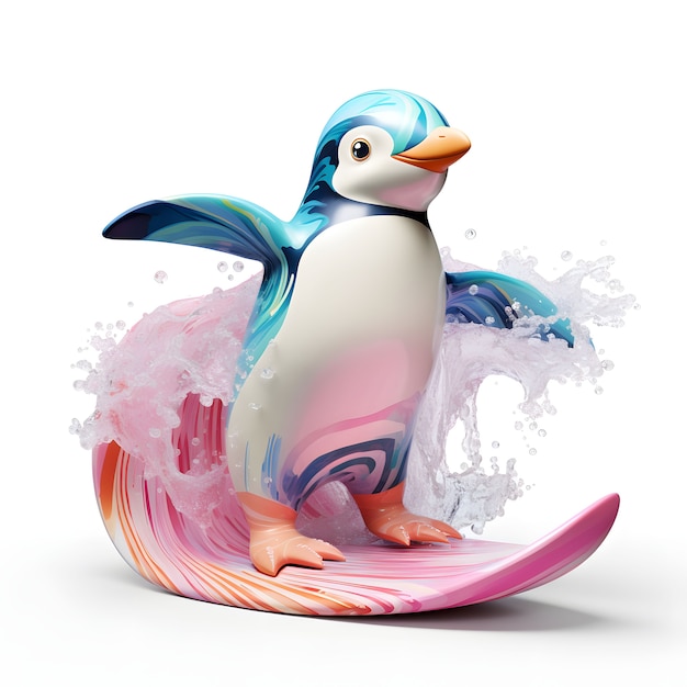 Kreskówka animowany pingwin z deską surfingową