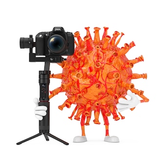 Kreskówka coronavirus covid-19 wirus maskotka osoba postać z dslr lub kamery wideo system stabilizacji gimbal statyw na białym tle. renderowanie 3d