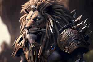 Bezpłatne zdjęcie król lew z pełną zbroją i sztuczną inteligencją generującą broń