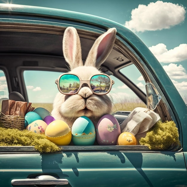 Bezpłatne zdjęcie królik w okularach przeciwsłonecznych i okularach przeciwsłonecznych siedzi w samochodzie z pisankami
