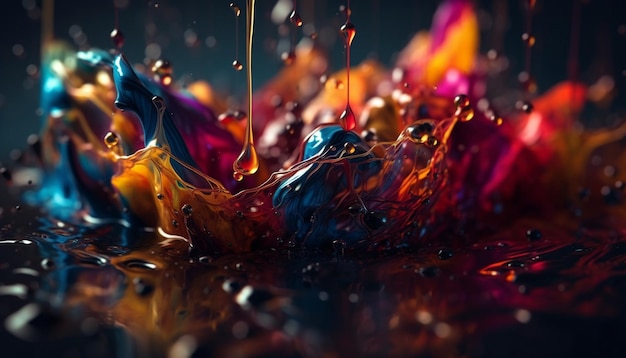 Krople płynnego płomienia rozpryskujące żywe kolory pod wodą generowane przez sztuczną inteligencję