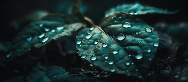 Krople przezroczystej wody deszczowej na zielonym liściu makro AI Generated Image