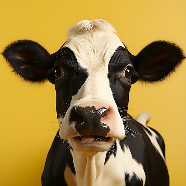 Bezpłatne zdjęcie krowa holsztyńska samodzielnie na żółtym tle krowa mleczna