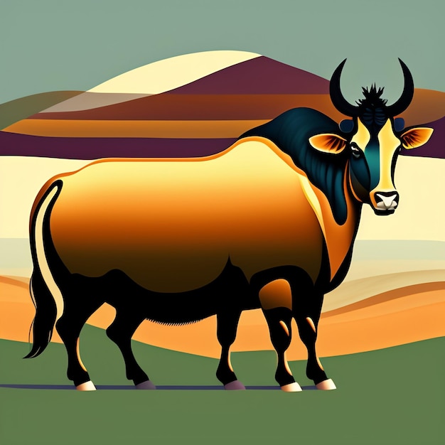 Bezpłatne zdjęcie krowa z niebieską i żółtą twarzą stoi na polu.