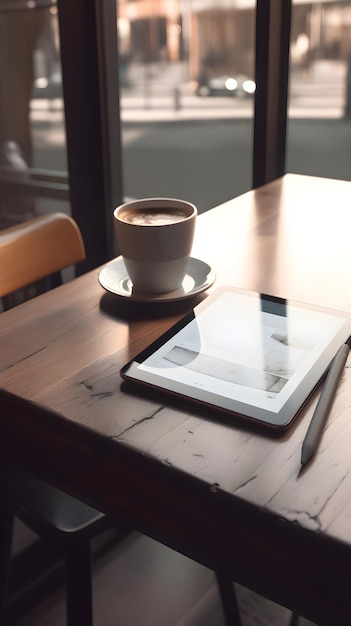Kubek kawy i cyfrowy tablet na drewnianym stole w kawiarni