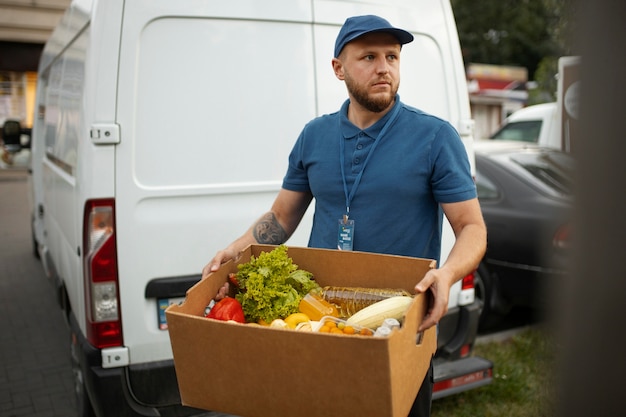 Bezpłatne zdjęcie kurier dostarczający artykuły spożywcze do domu