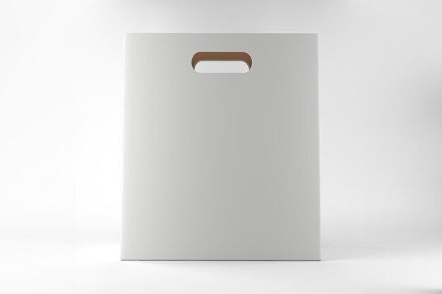 Kwadratowa biała torba papierowa z brązowym uchwytem izolowanym na białym tle