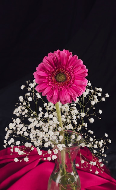 Kwiat z kwiatem gałązki w wazonie w pobliżu rose włókienniczych w ciemności