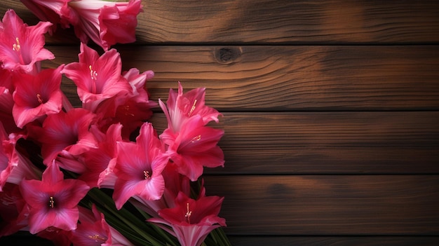 Bezpłatne zdjęcie kwiaty gladioli na drewnianej powierzchni