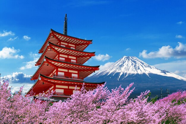 Kwitnące wiosną wiśnie, pagoda Chureito i góra Fuji w Japonii.