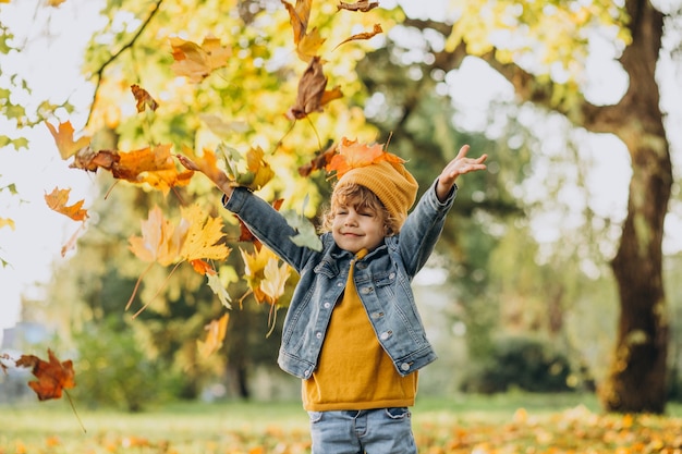 Ładny chłopiec bawi się liśćmi w jesiennym parku