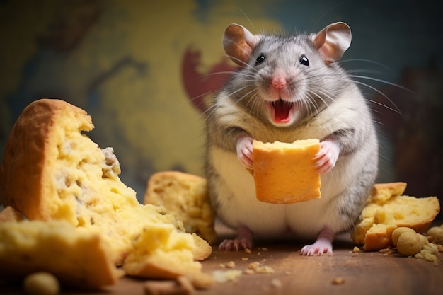 Ładny szczur z jedzeniem w pomieszczeniu