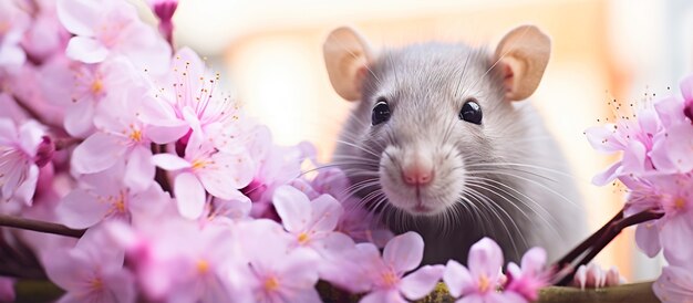 Ładny szczur z kwiatami na zewnątrz