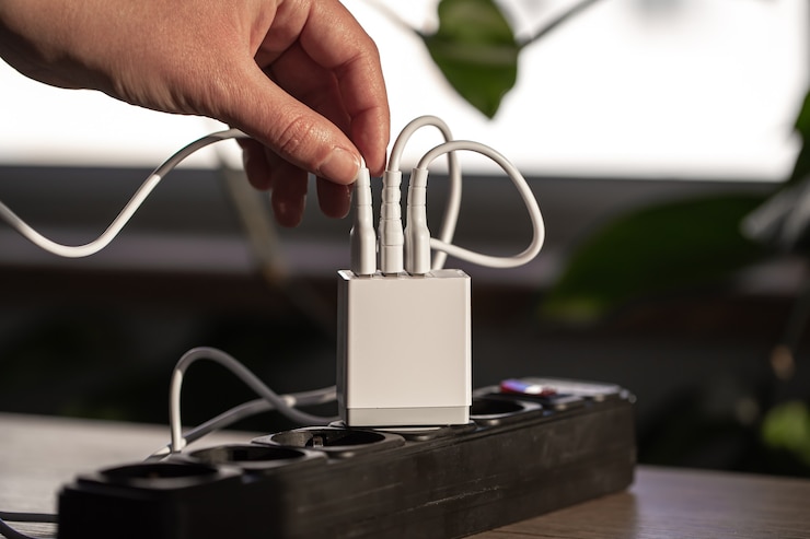 Bezpłatny plik Zdjęcie ładowanie przez usb gadżetów na rozmytym tle pomieszczenia, zbliżenie. pojęcie technologii w życiu codziennym.