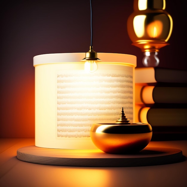 Bezpłatne zdjęcie lampa ze złotą podstawą i małą miseczką na stole.
