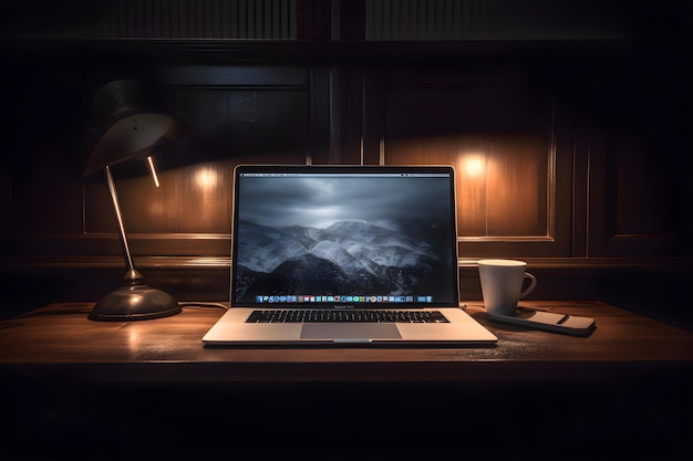 Laptop i filiżanka na drewnianym stole w ciemnym pokoju w nocy
