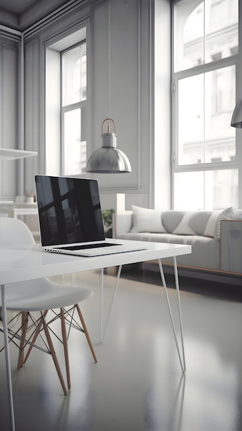 Bezpłatne zdjęcie laptop na białym stole w nowoczesnym salonie 3d rendering