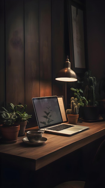 Laptop na drewnianym stole w ciemnym pokoju z roślinami