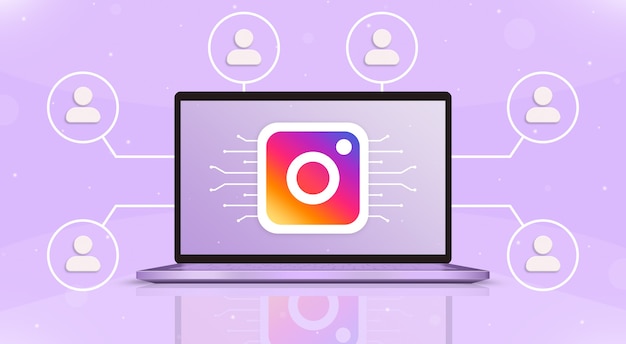 Laptop z logo instagrama na ekranie i ikonami użytkownika wokół 3d