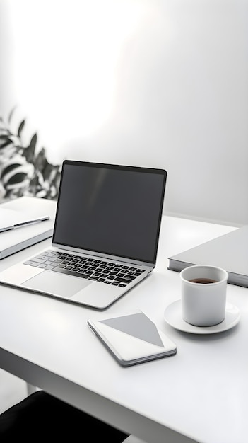 Laptop z pustym ekranem na białym stole z filiżanką do kawy i notebookem