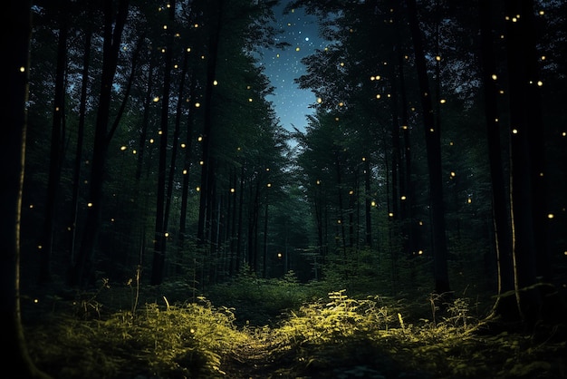Bezpłatne zdjęcie las pełen jasnych świetlików nocą
