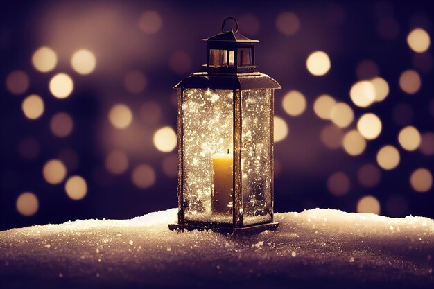 Bezpłatne zdjęcie latarnia bożonarodzeniowa z gałązką jodły i dekoracją na śnieżnym stole niewyraźne tło generatywne ai