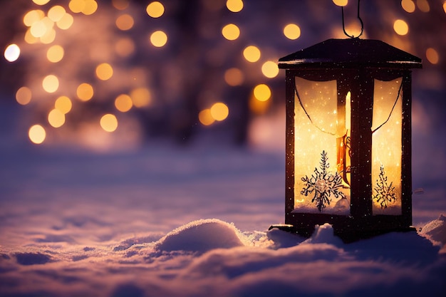 Latarnia Bożonarodzeniowa Z Gałązką Jodły I Dekoracją Na śnieżnym Stole Niewyraźne Tło Generatywne Ai