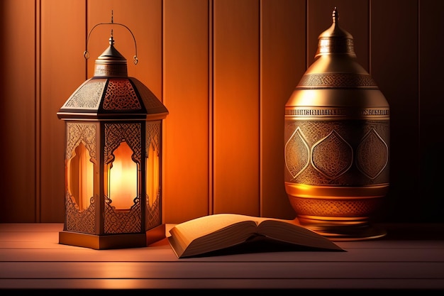 Bezpłatne zdjęcie latarnia i książka leżą na stole ze słowem ramadan.