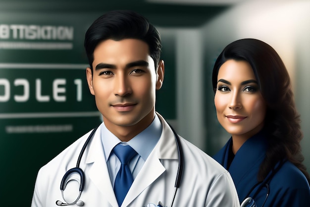Bezpłatne zdjęcie lekarz i kobieta w białym fartuchu stoją przed tablicą z napisem „dom pacjenta”