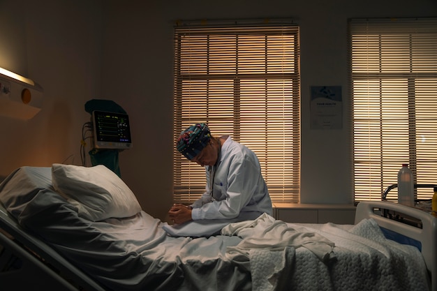 Lekarz siedzi na szpitalnym łóżku i jest smutny