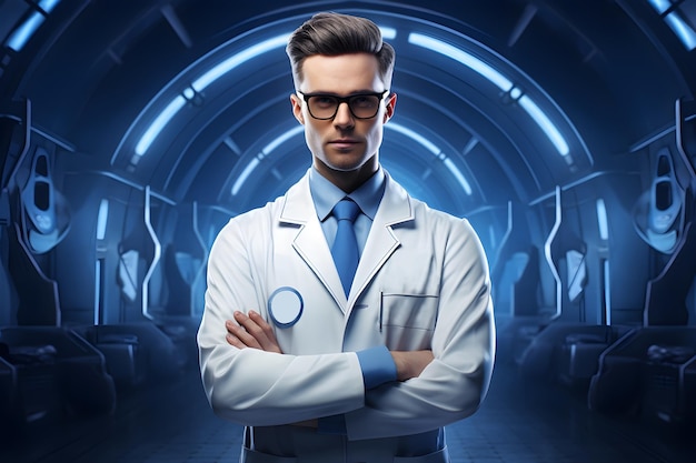 Bezpłatne zdjęcie lekarz w białym garniturze stoi na futurystycznym niebieskim tle