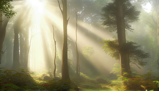 Leśna tajemnica uchwycona w spokojnej mgle o świcie, generująca sztuczną inteligencję