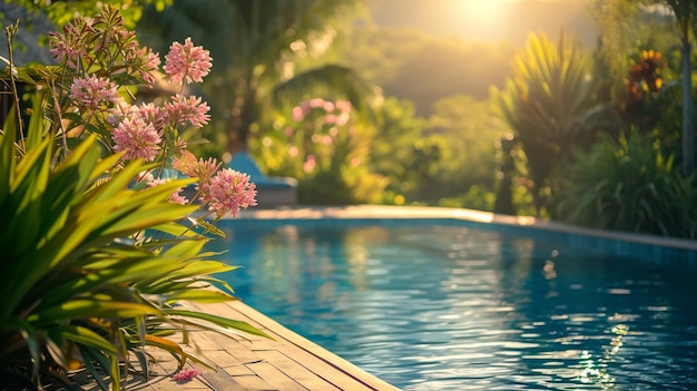 Bezpłatne zdjęcie letni wypoczynek przy basenie w otoczeniu przyrody