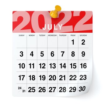 Lipiec 2022 - kalendarz. na białym tle. ilustracja 3d