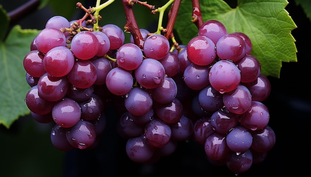 Liść winogron, świeża kiść, dojrzałe owoce, zielona winnica, zbiory organiczne generowane przez sztuczną inteligencję