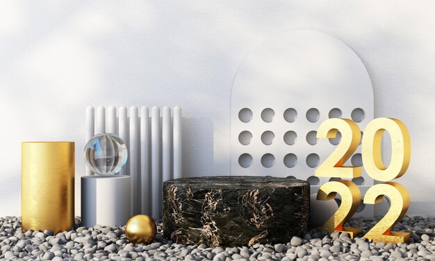 Litery złota tekstura 2022 w koncepcji nowego roku, odcienie czarnego marmuru, otoczone geometrycznymi kształtami do ekspozycji produktów i pudełka na prezenty z przezroczystymi kulkami. renderowanie 3d