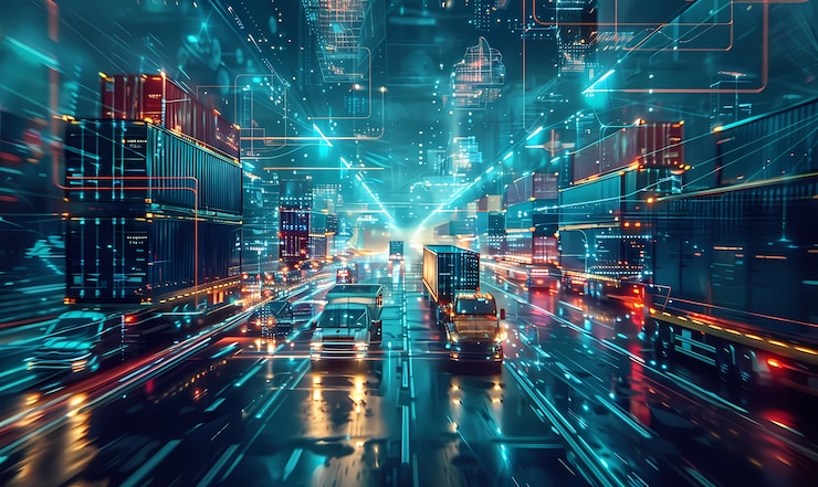 Bezpłatny plik Zdjęcie logistyczne środki transportu wraz z technologicznymi i futurystycznymi hologramami