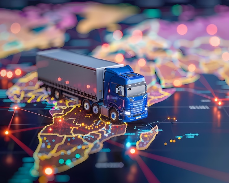 Bezpłatny plik Zdjęcie logistyczne środki transportu wraz z technologicznymi i futurystycznymi hologramami